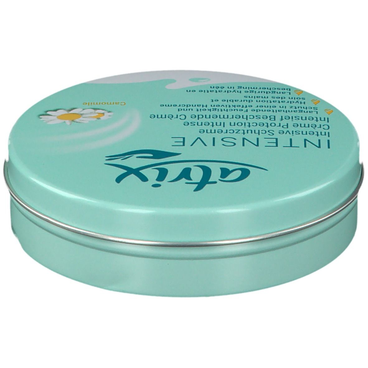 Ronde doos atrix® INTENSIVE. Turquoise, met tekst en kamillebloem. Metalen rand.