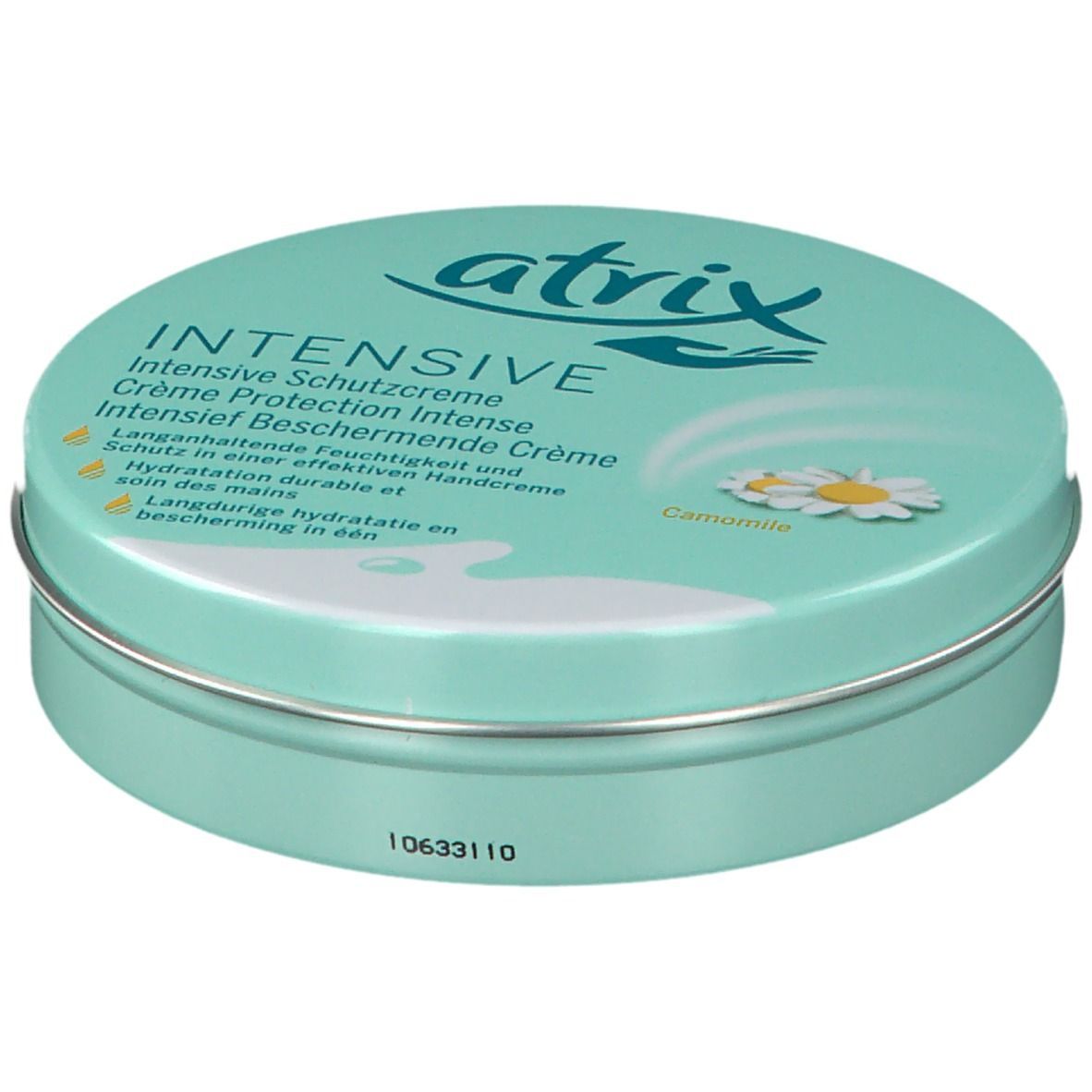 Ronde doos atrix® INTENSIVE. Turquoise, met tekst en kamillebloem. Metalen rand, code 10633110.