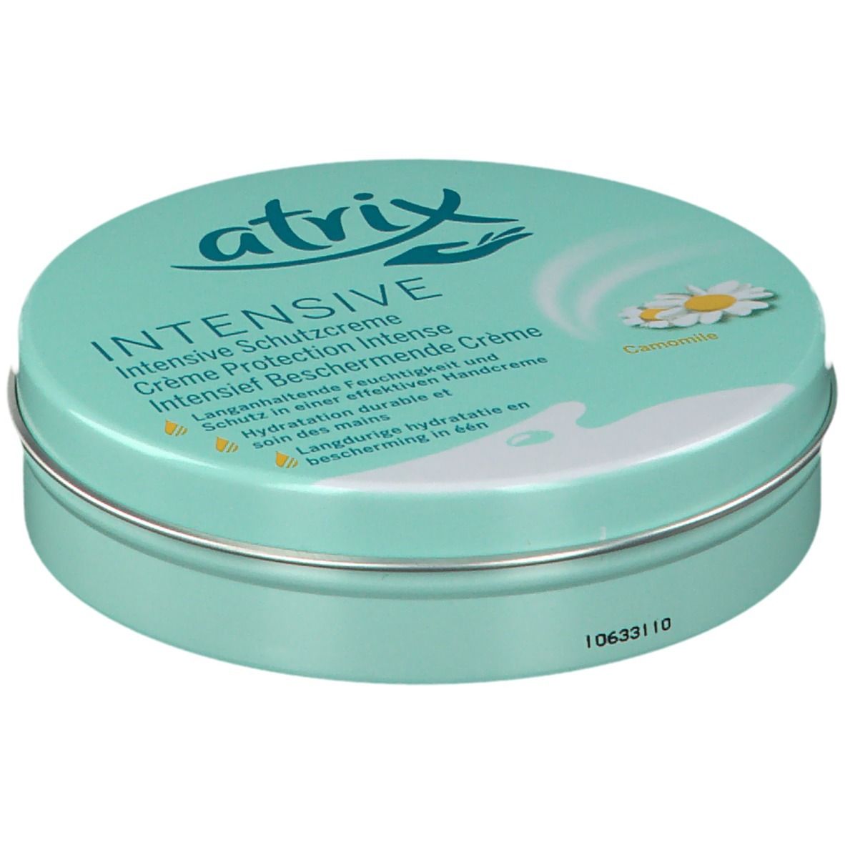 Ronde doos atrix® INTENSIVE. Turquoise, met tekst en kamillebloem. Metalen rand, code 10633110.