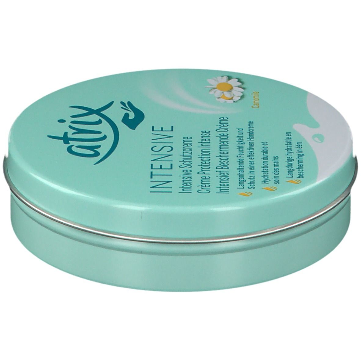 Ronde doos atrix® INTENSIVE. Turquoise, met tekst en kamillebloem. Metalen rand, code 10633110.