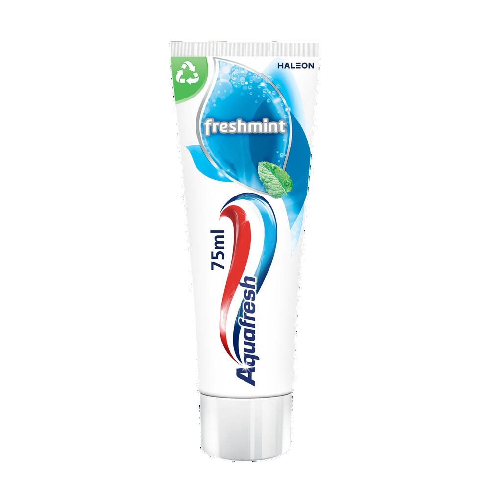 Tandpastatube. Opschriften: freshmint, Aquafresh.