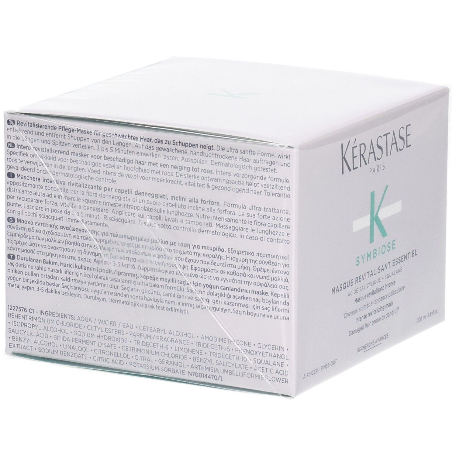 Kérastase Symbiose Masque Revitalisant Essentiel haarmasker, achterkant met ingrediënten en instructies.