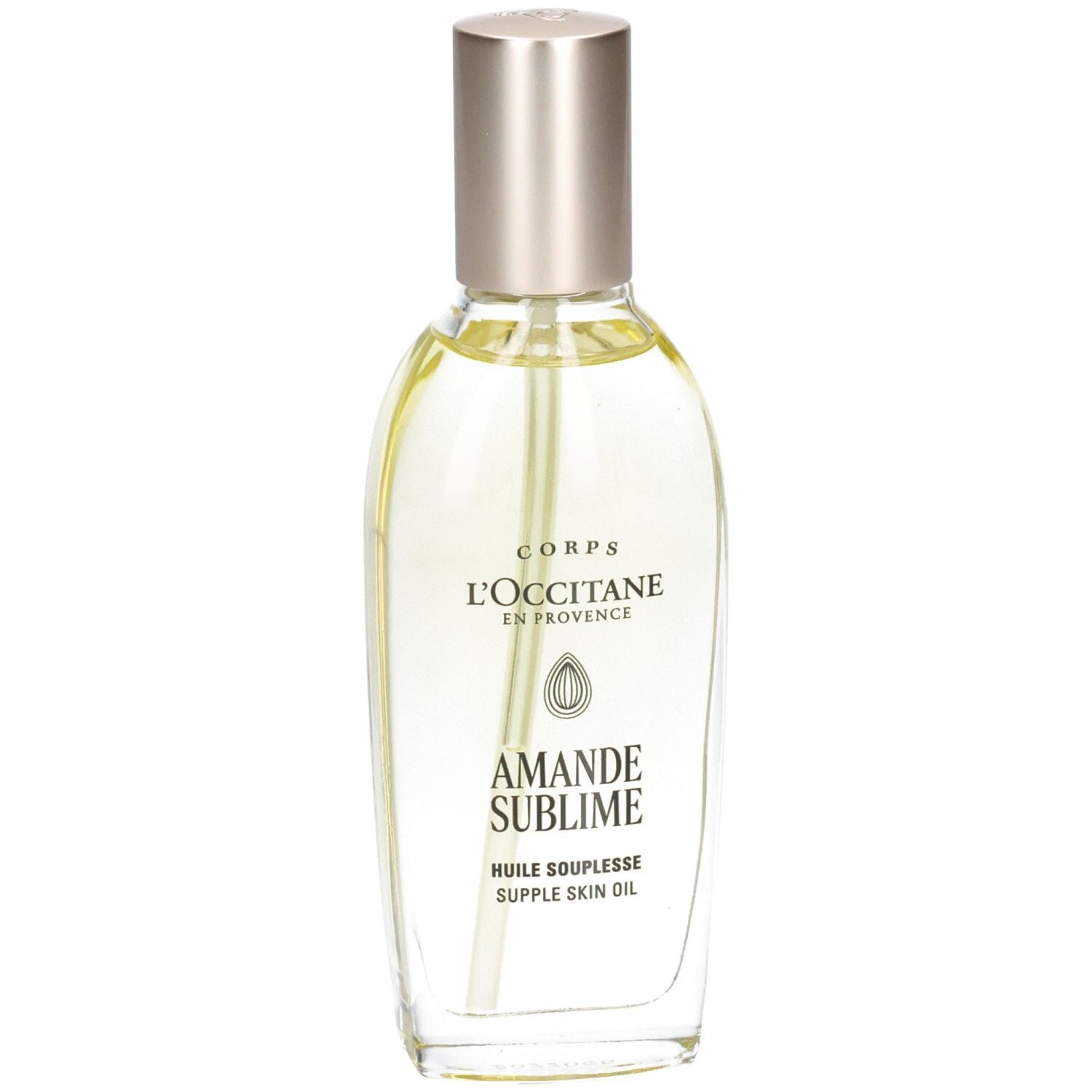 Huile d'amande L'OCCITANE : flacon pompe avec bouchon argenté. Liquide clair.
