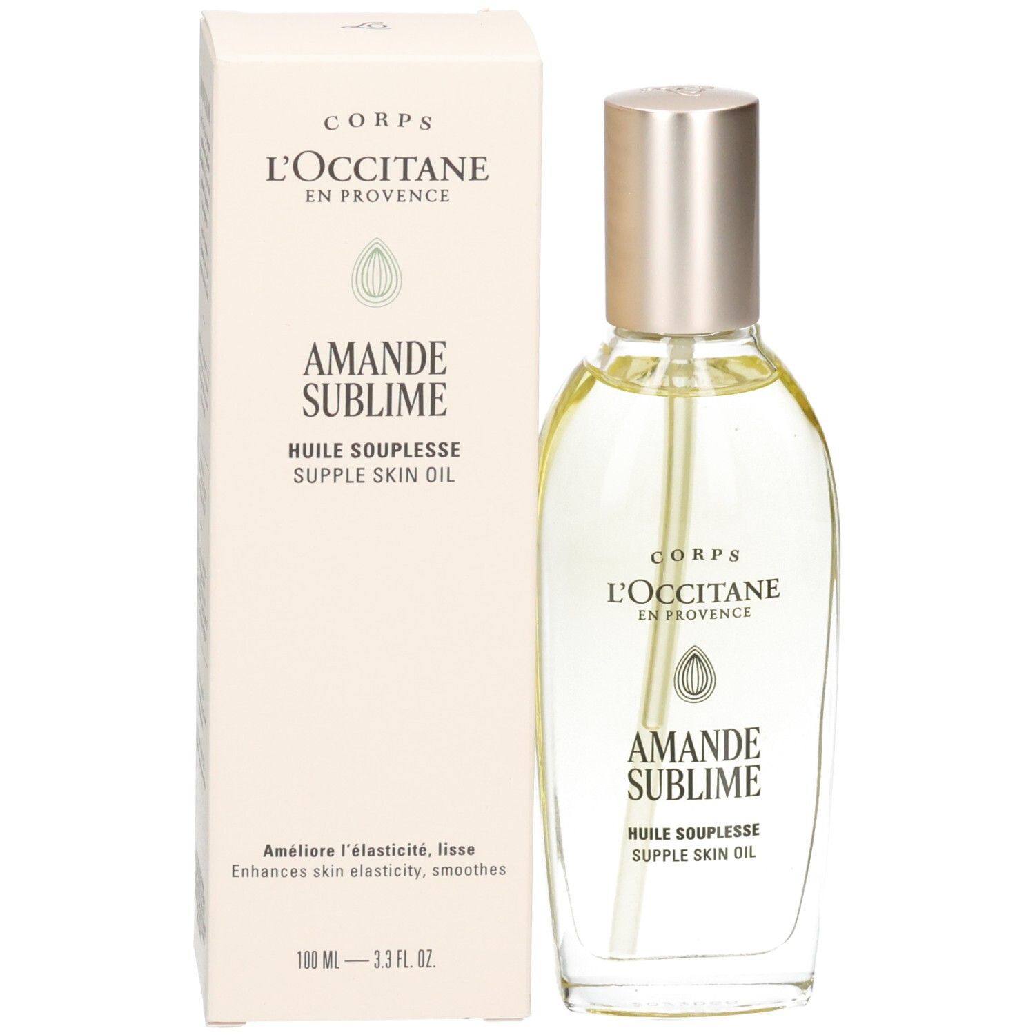 Huile d'amande L'OCCITANE : flacon et boîte. Flacon pompe, boîte avec informations produit.