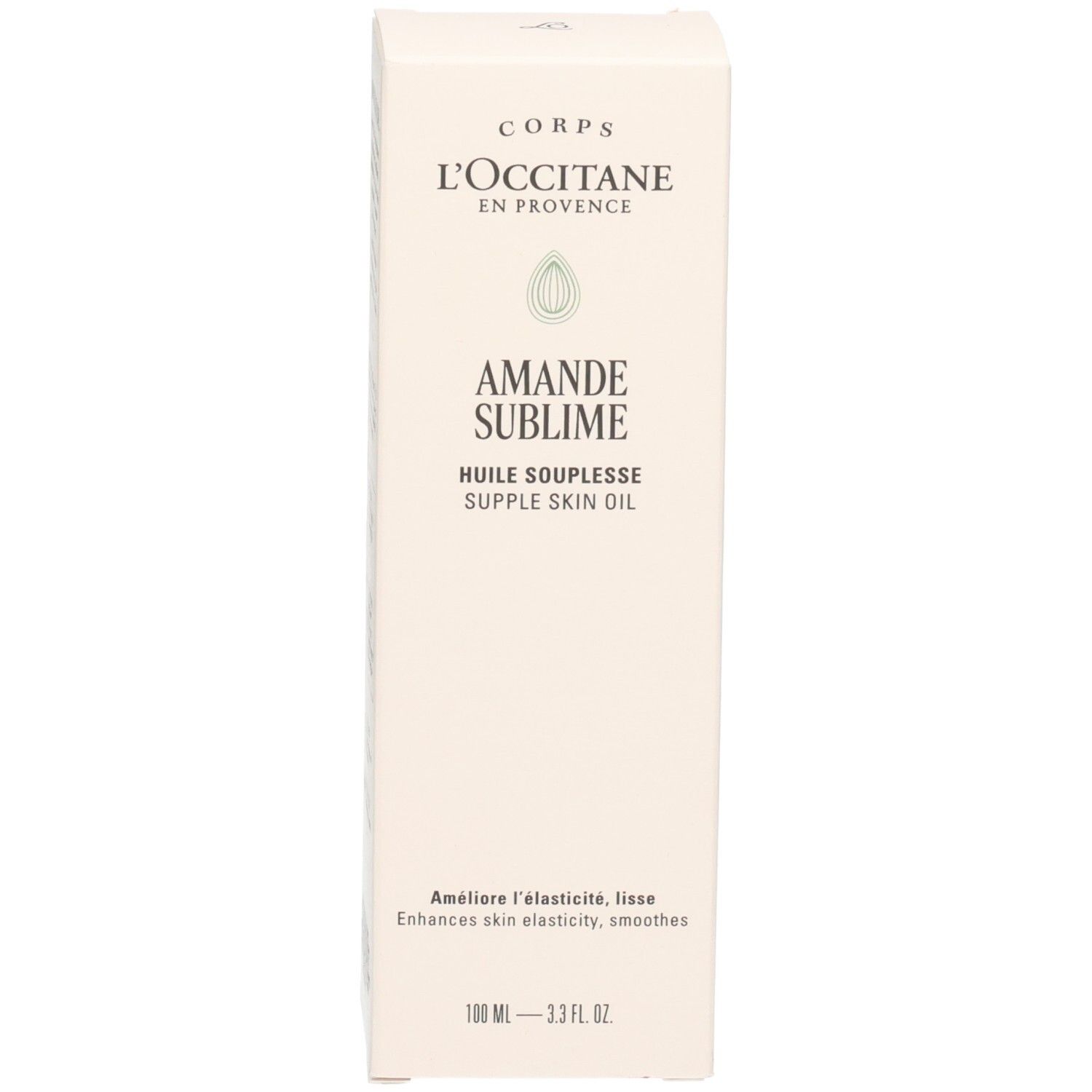 Huile d'amande L'OCCITANE : boîte avec informations produit. Boîte en carton clair.