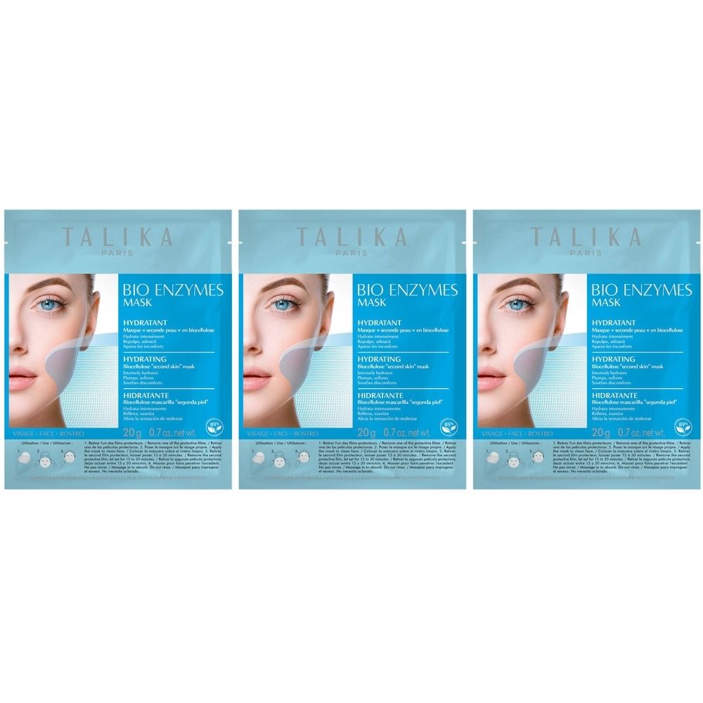 Drie TALIKA Bio Enzymes Mask Hydrating maskers. Lichtblauwe verpakking met productafbeelding en tekst. 20g.