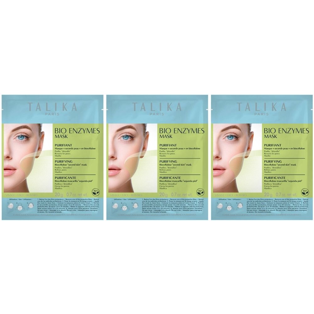 Drie TALIKA Bio Enzymes Mask Purifying verpakkingen. Lichtgroene verpakking met productafbeelding en tekst. Gezicht van een vrouw.