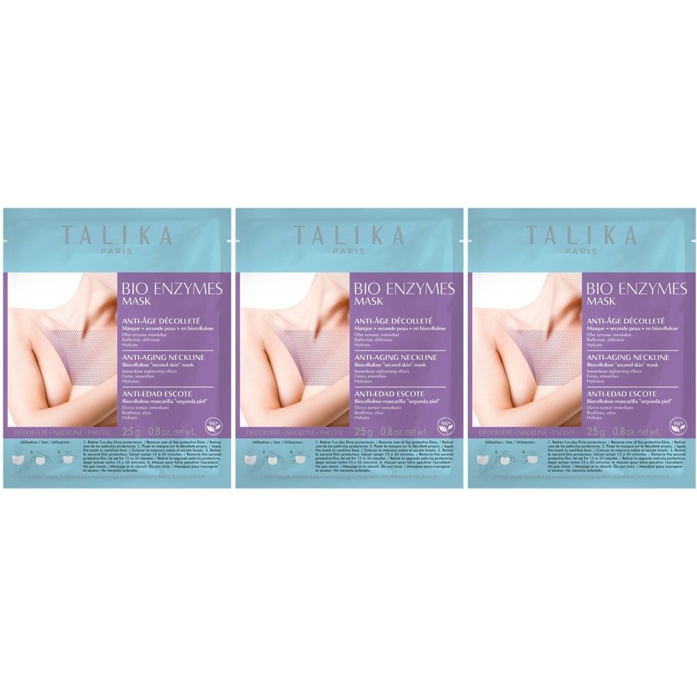 Drie TALIKA Bio Enzymes Maskers voor decolleté. Verpakking met productafbeelding en tekst. Paarse en lichtblauwe tinten.