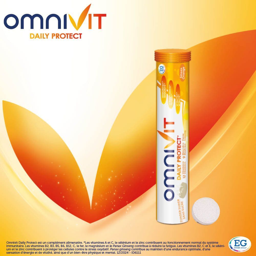 Un tube OmniVit Daily Protect. Bouchon orange, contenant blanc. Un comprimé à côté. Inscription: OmniVit.