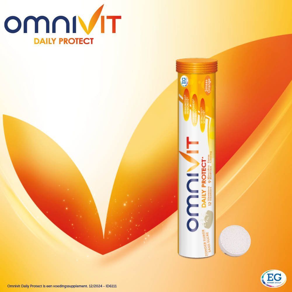 Een tube OmniVit Daily Protect. Oranje dop, witte houder. Een tablet ernaast. Opschrift: OmniVit.