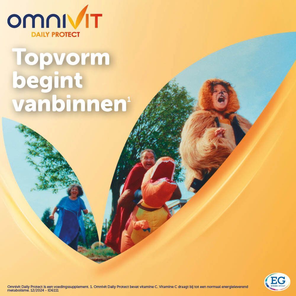 Een tube OmniVit Daily Protect. Oranje dop, witte houder. Een tablet ernaast. Opschrift: OmniVit.