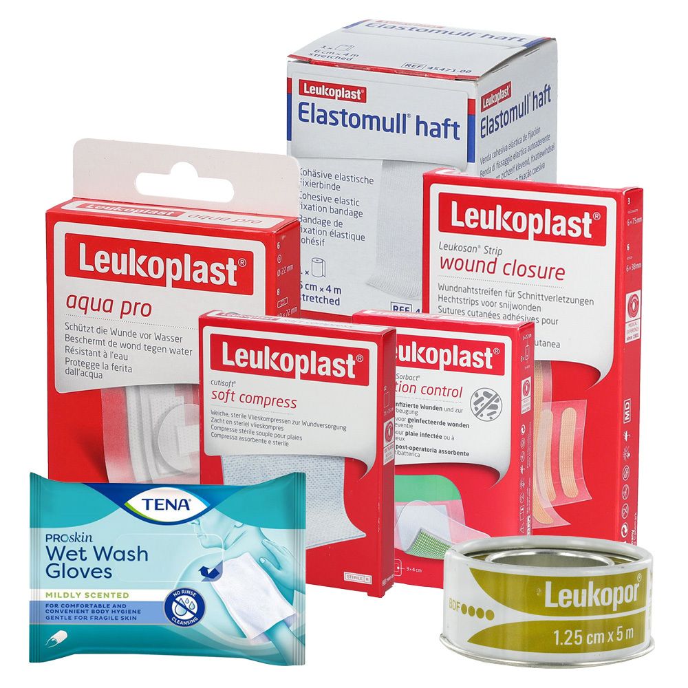 Plusieurs boîtes et produits Leukoplast. Comprennent des pansements, des bandages, des sutures adhésives et des lingettes.