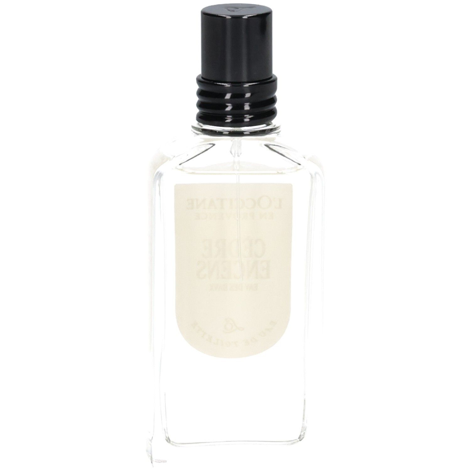 Arrière du flacon en verre L'OCCITANE Eau de Toilette Cèdre Encens (Eau des Baux).