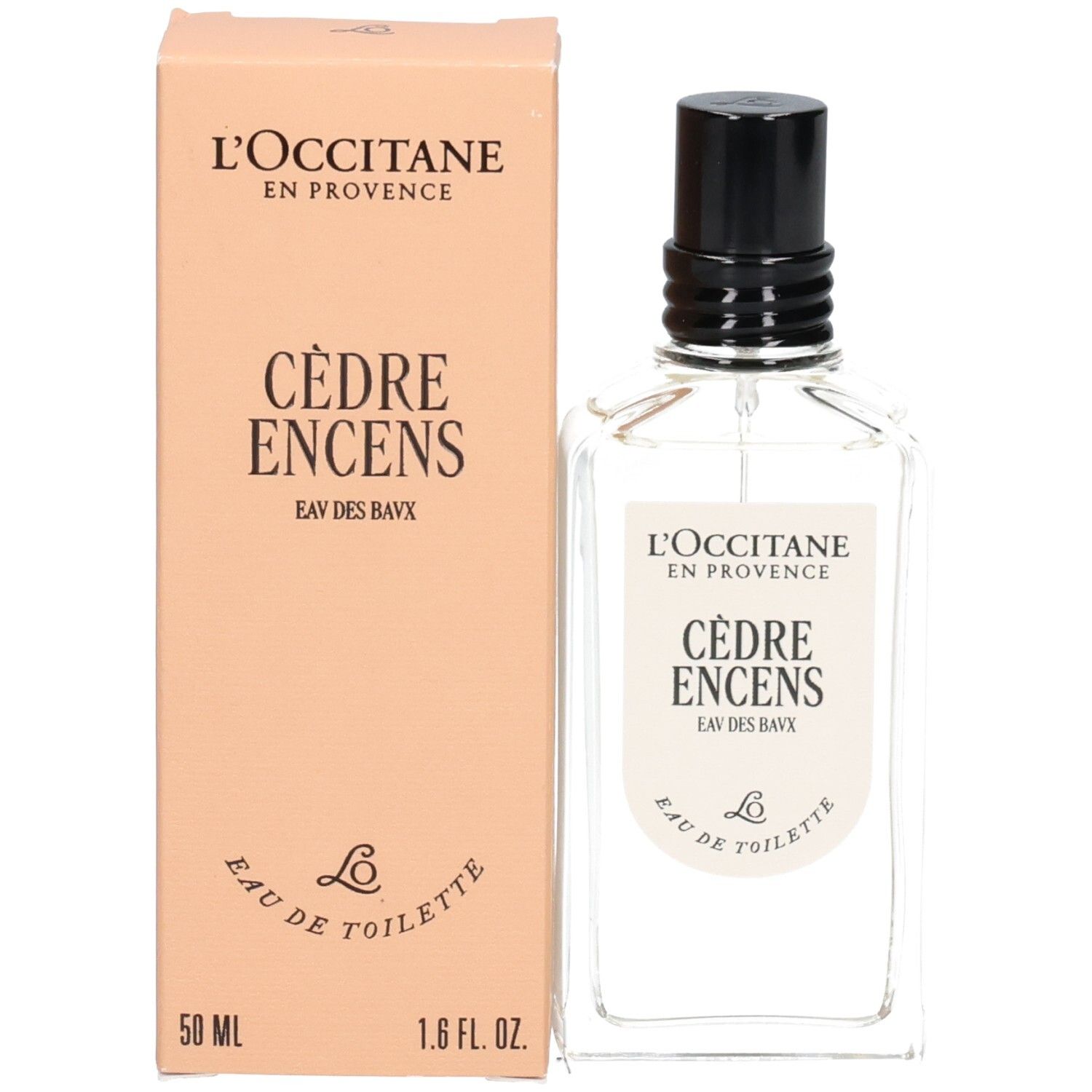 Flacon L'OCCITANE Eau de Toilette Cèdre Encens (Eau des Baux) 50ml à côté de sa boîte.