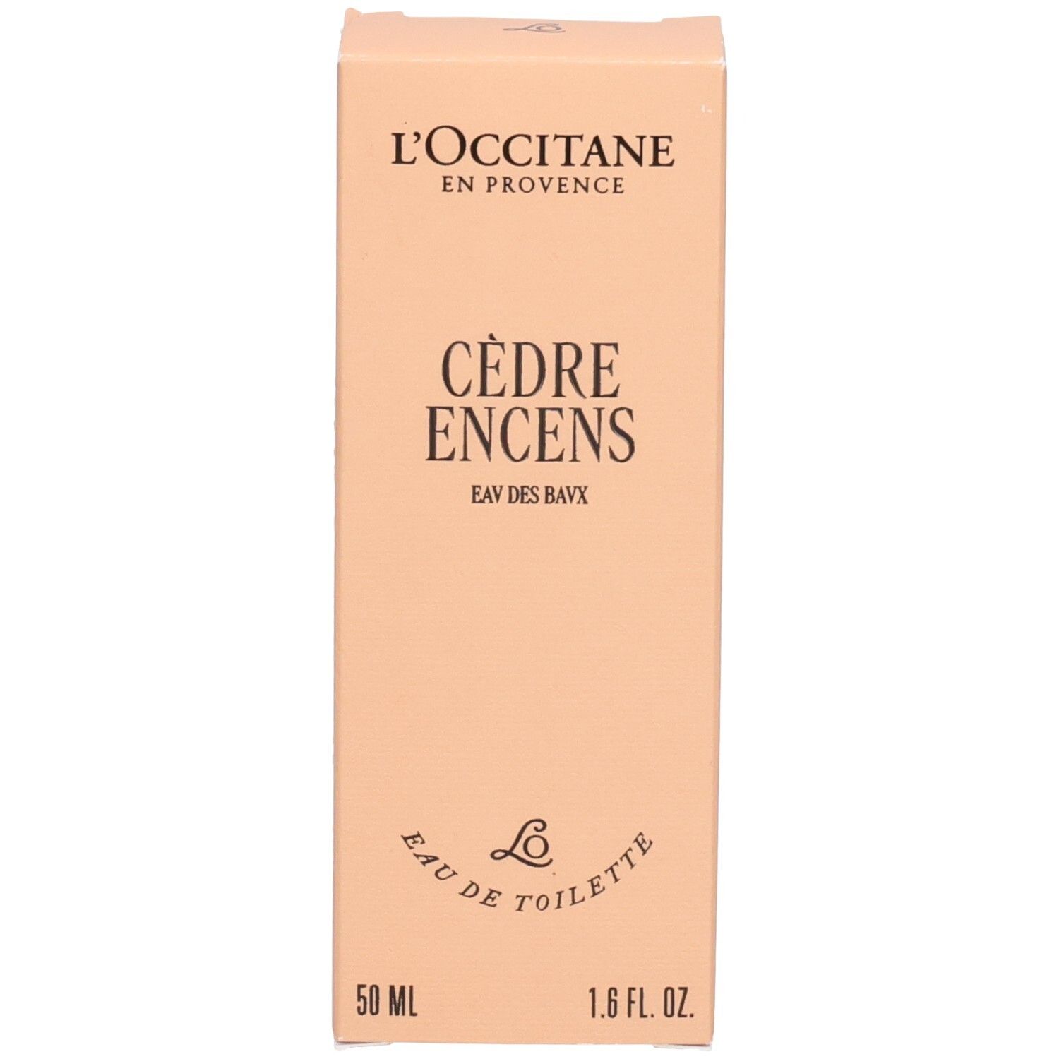 Face avant de la boîte L'OCCITANE Eau de Toilette Cèdre Encens (Eau des Baux) 50ml.