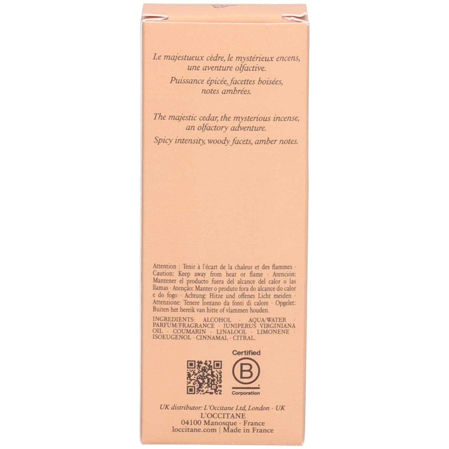 Arrière de la boîte L'OCCITANE Eau de Toilette Cèdre Encens (Eau des Baux) 50ml avec informations produit.