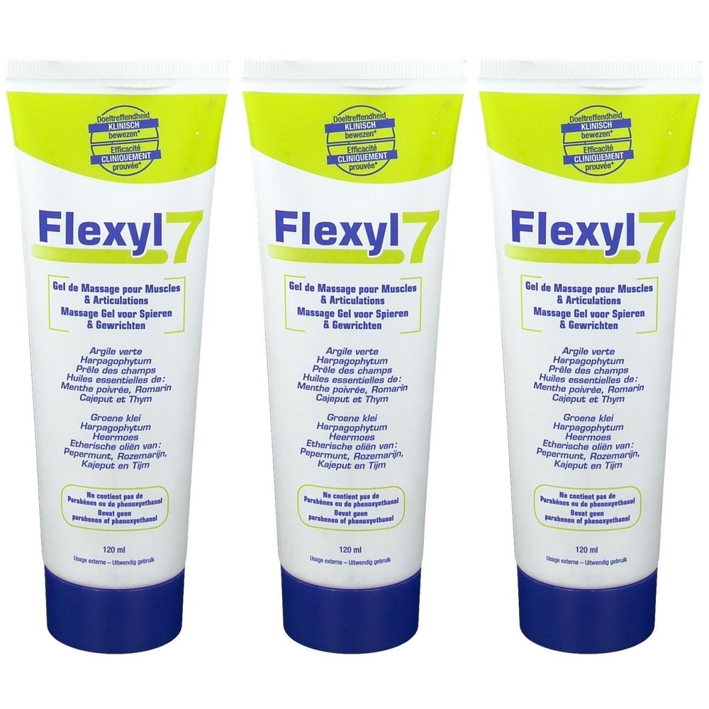 Drie tubes Flexyl 7 Gel. Wit, blauw en geel. Tekst: Flexyl 7, Gel de Massage pour Muscles & Articulations.