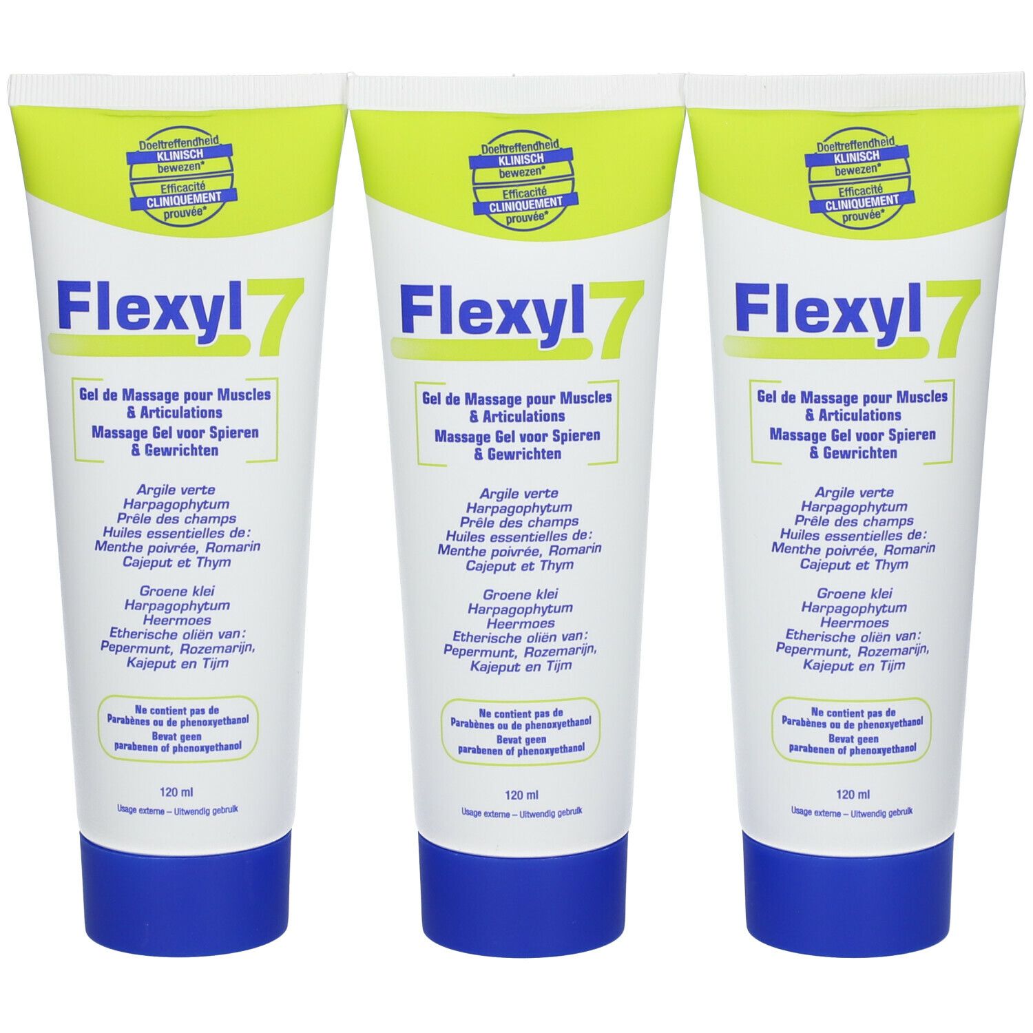 Trois tubes de gel Flexyl7, blanc avec bouchon bleu. Texte: Gel de massage pour muscles & articulations.