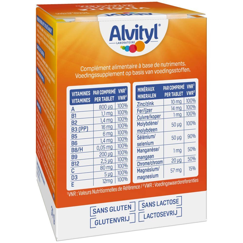Emballage Alvityl complément alimentaire avec tableau de vitamines et minéraux. Sans gluten ni lactose.