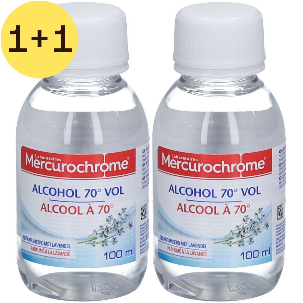 Deux flacons avec bouchon blanc. Inscription: Mercurochrome, Alcool 70° Vol. Autocollant jaune 1+1.