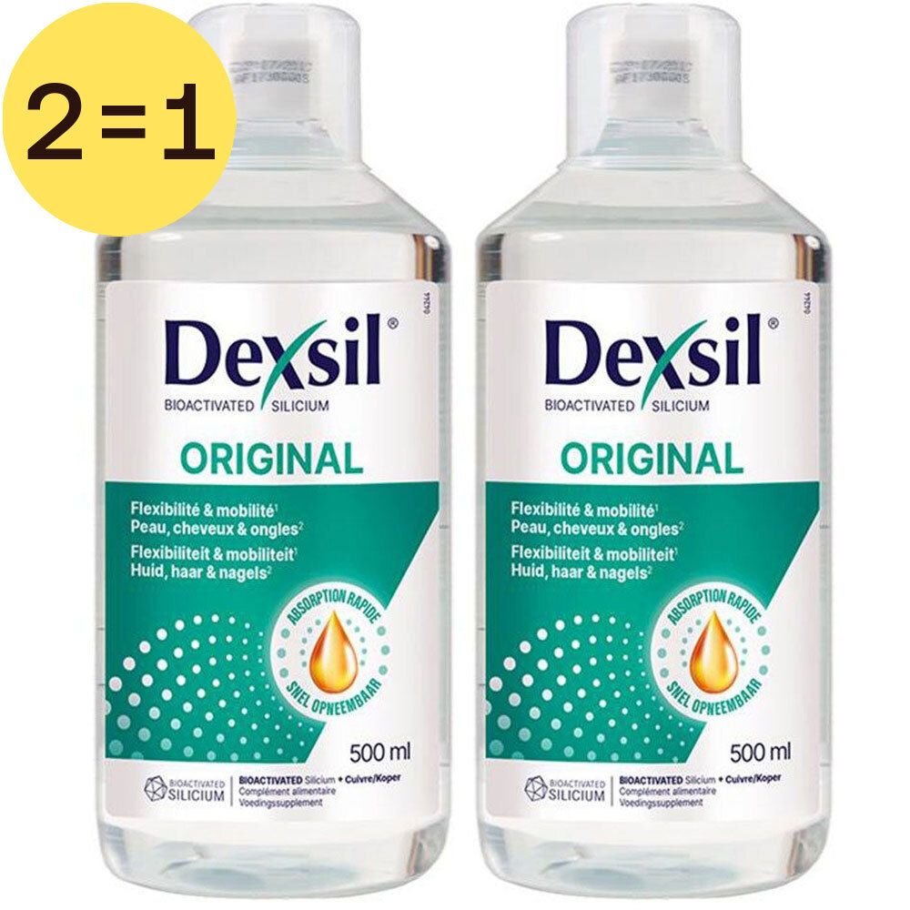 Twee flessen Dexsil Original. Opschrift: Flexibiliteit & mobiliteit, huid, haar & nagels. 2=1 actie. 500 ml.