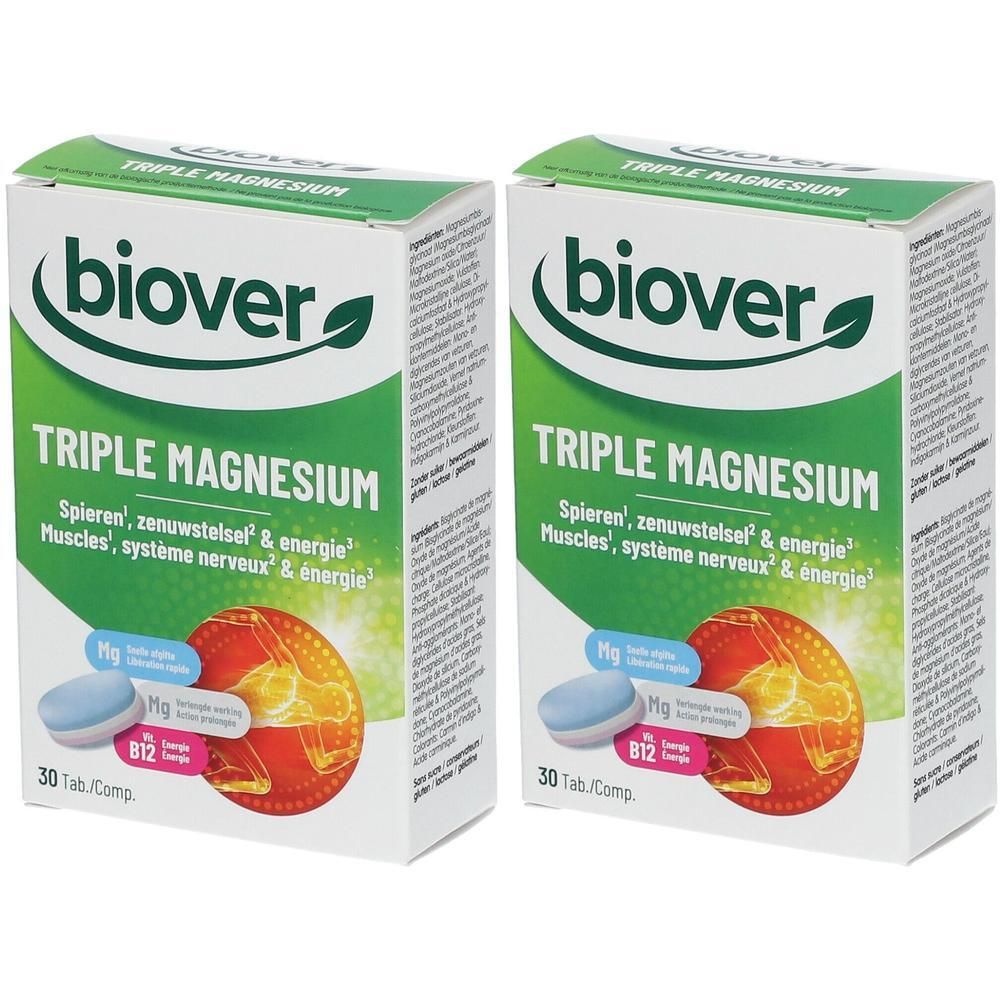 Twee dozen Biover Triple Magnesium. Opschrift: Triple Magnesium, 30 tabletten. Bevat magnesium, B12. Groen-wit design.