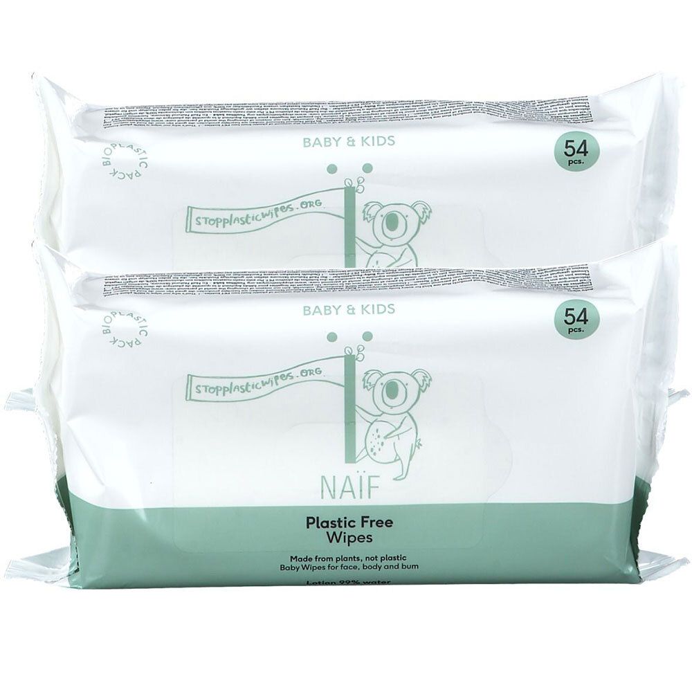 Deux paquets de lingettes pour bébés et enfants. Inscription : NAIF, Plastic Free Wipes, 54 pièces. Avec illustration de koala.