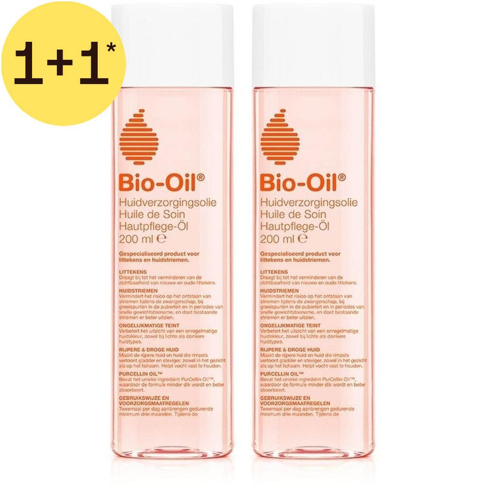 Deux flacons d'Huile de Soin Bio-Oil, 200ml. Produit spécialisé pour les cicatrices et vergetures.
