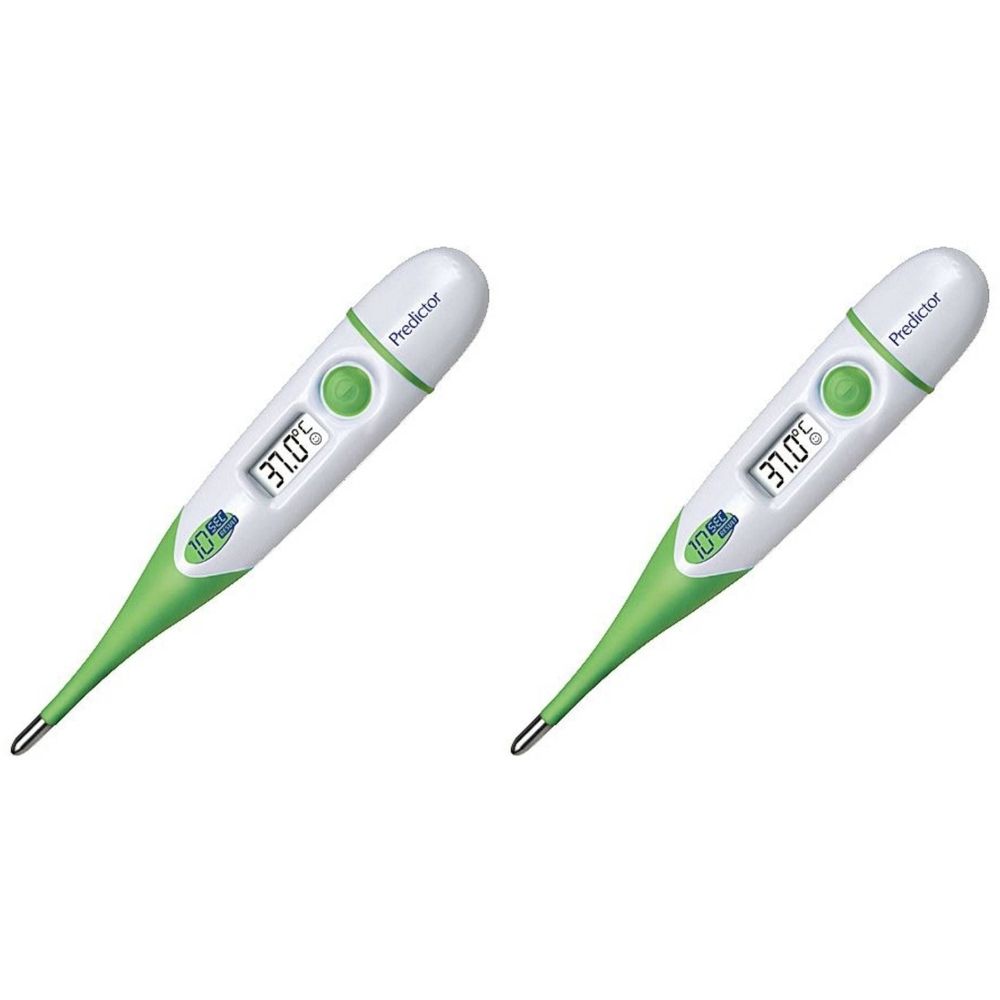 Thermomètre numérique. Design blanc et vert. Affichage : 37,0°C. Marque : Predictor. Avec bouton.