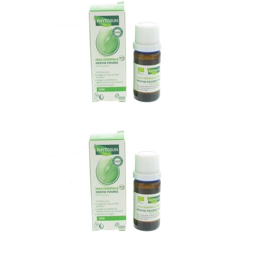 Twee flesjes en dozen. Opschrift: Phytosun, Huile essentielle, Menthe poivrée. Bio-certificering.