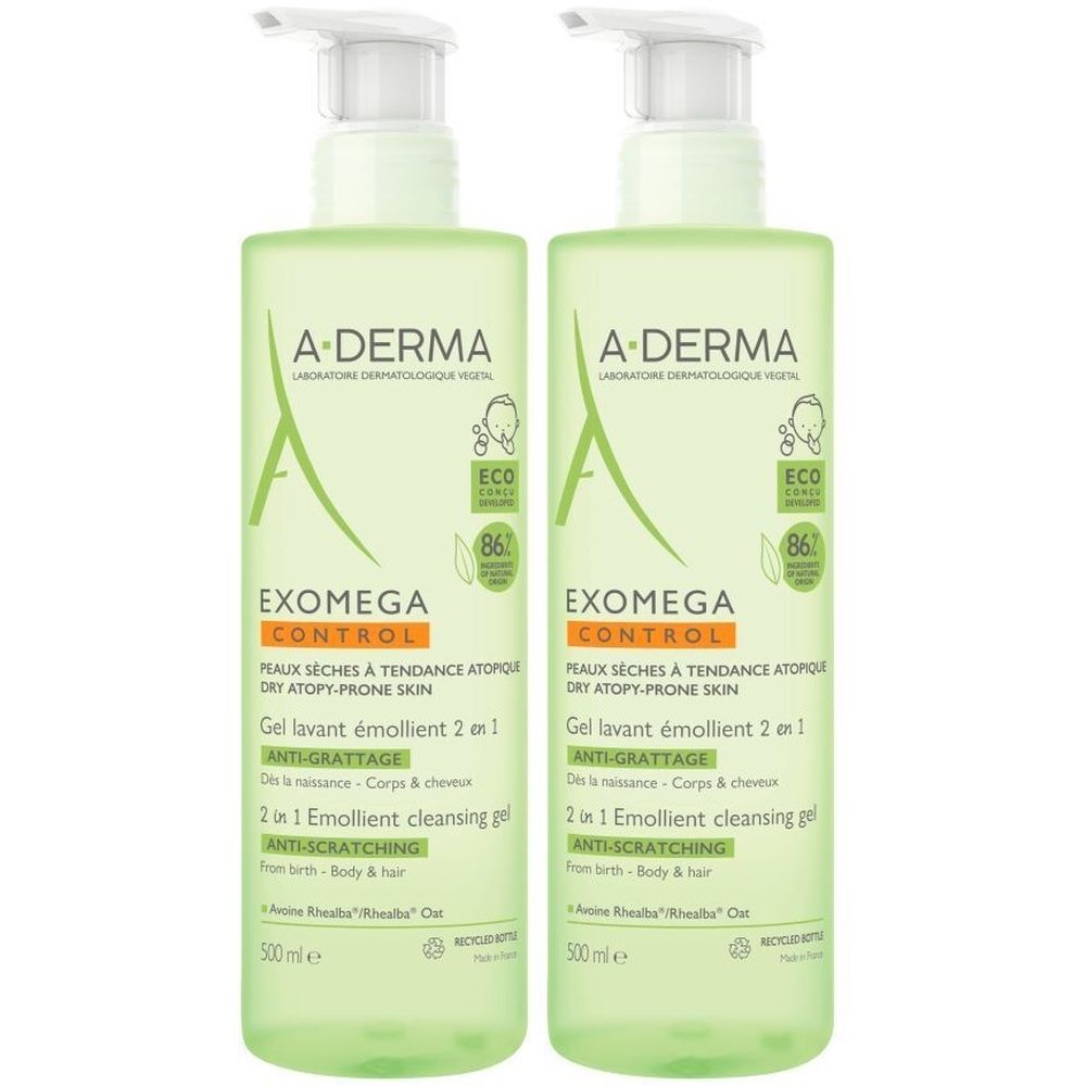 Twee groene flessen met witte pomp. Opschrift: A-DERMA, EXOMEGA CONTROL, 2 in 1 reinigingsgel.