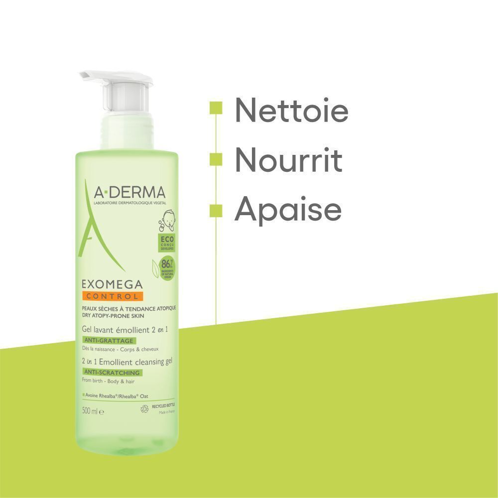 A-DERMA Exomega Control gel lavant. Flacon avec texte. Texte: Nettoie, Nourrit, Apaise.