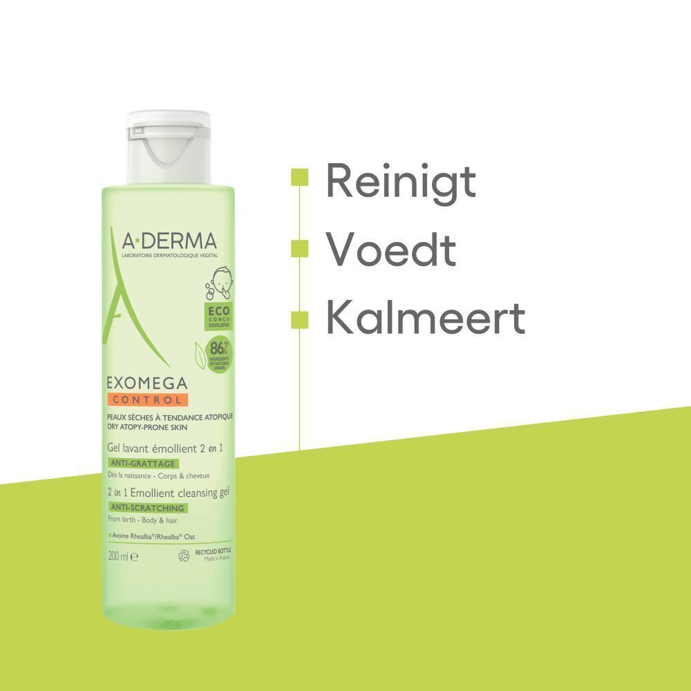 A-DERMA Exomega Control reinigingsgel. Fles met tekst. Tekst: Reinigt, Voedt, Kalmeert.