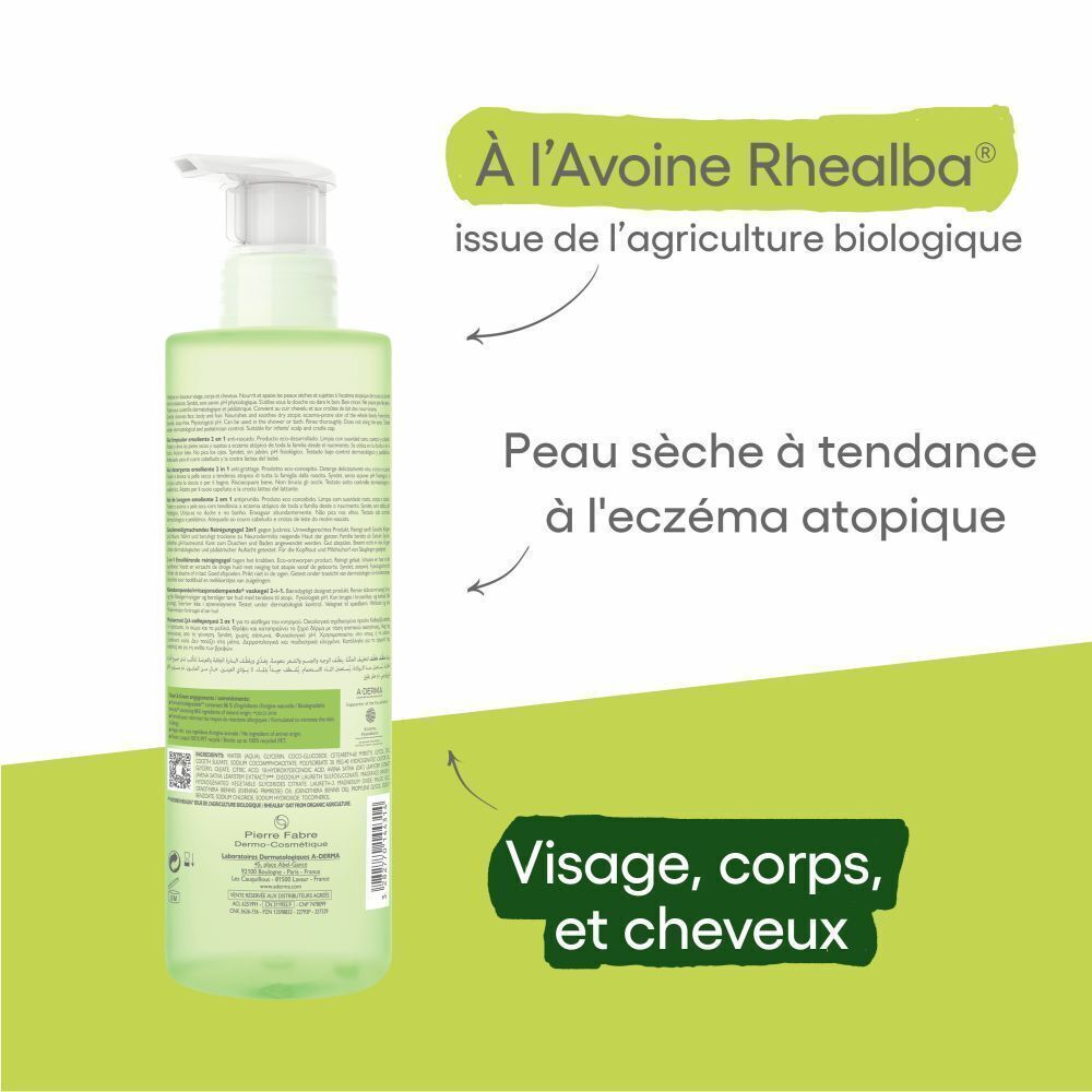 Dos d'un flacon de gel lavant A-DERMA Exomega Control. Texte: À l'Avoine Rhealba, Peau sèche à tendance à l'eczéma atopique.
