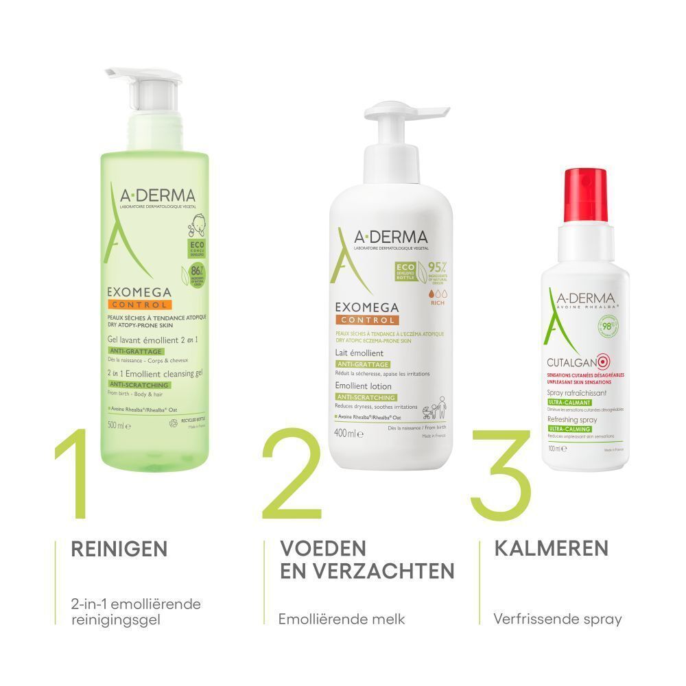 Drie A-DERMA producten. 1: Exomega Control reinigingsgel. 2: Exomega Control emolliërende lotion. 3: Cytelium spray.