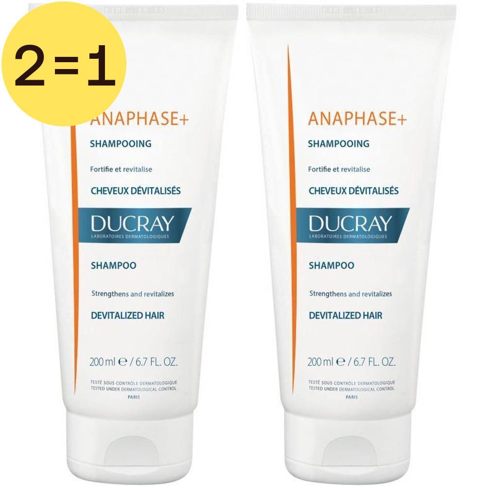 Twee witte shampoo tubes met oranje en blauwe accenten. Opschrift: Anaphase+, Ducray, 200 ml.