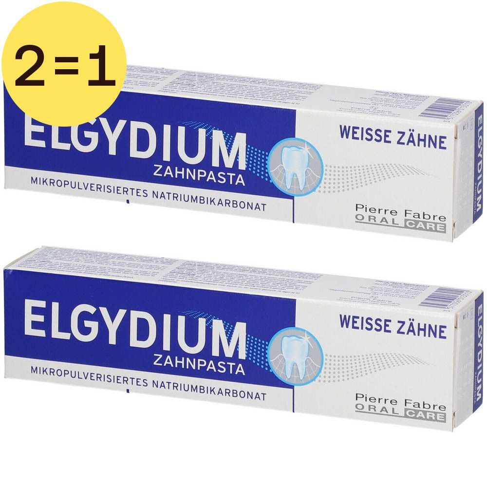 Deux tubes de dentifrice blancs avec texte bleu et logo. Inscription: ELGYDIUM, DENTS BLANCHES. Cercle jaune avec "2=1".