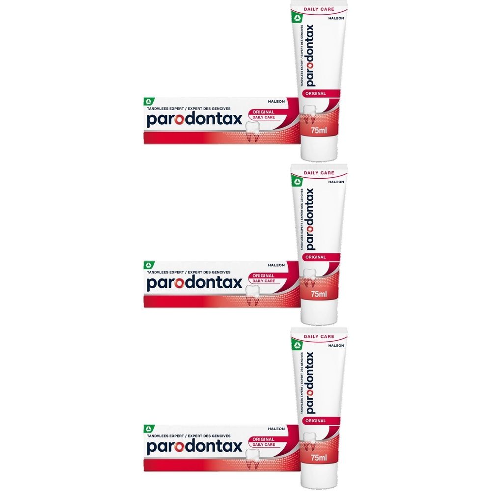 Tubes et boîtes de dentifrice. Inscription : parodontax Original. Emballage rouge et blanc. 75ml.