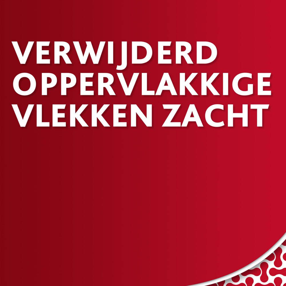 Tekst op rode achtergrond: Verwijdert oppervlakkige vlekken zacht.