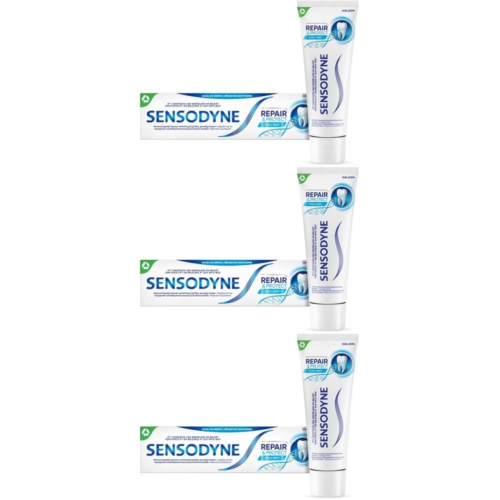 Tandpastatubes en -dozen. Opschrift Sensodyne Repair. Groen-witte verpakking.