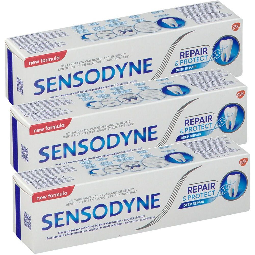 Trois boîtes de dentifrice Sensodyne Repair & Protect Deep Repair. Texte "new formula". Logo dentaire et texte.