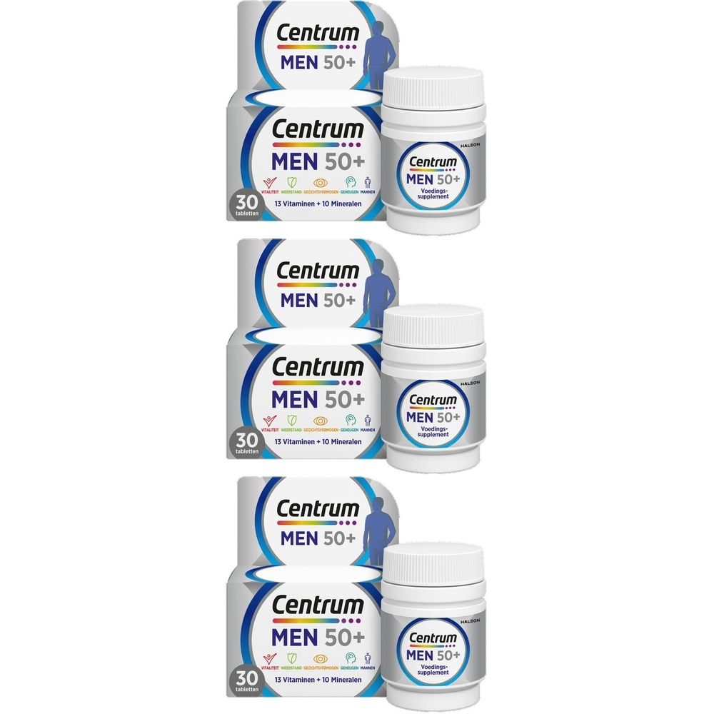 Drie dozen Centrum® Men 50+. Witte dozen met logo en 30 tabletten.