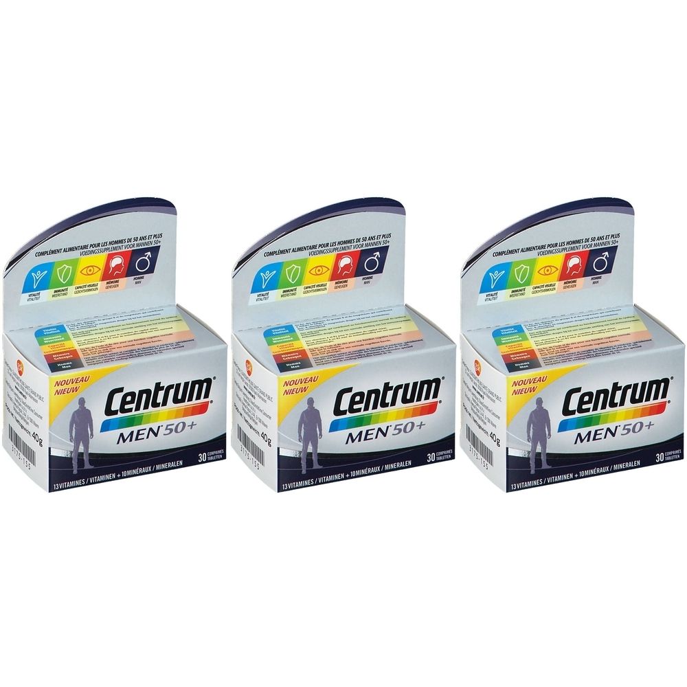 Trois boîtes de Centrum Men 50+. Emballage blanc avec logo et nom du produit. Dessus pliable avec graphiques colorés.