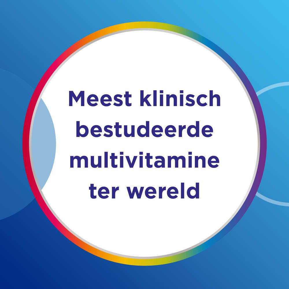 Blauwgroene multivitamine tablet met symbolen. Bevat magnesium, calcium, vitaminen.