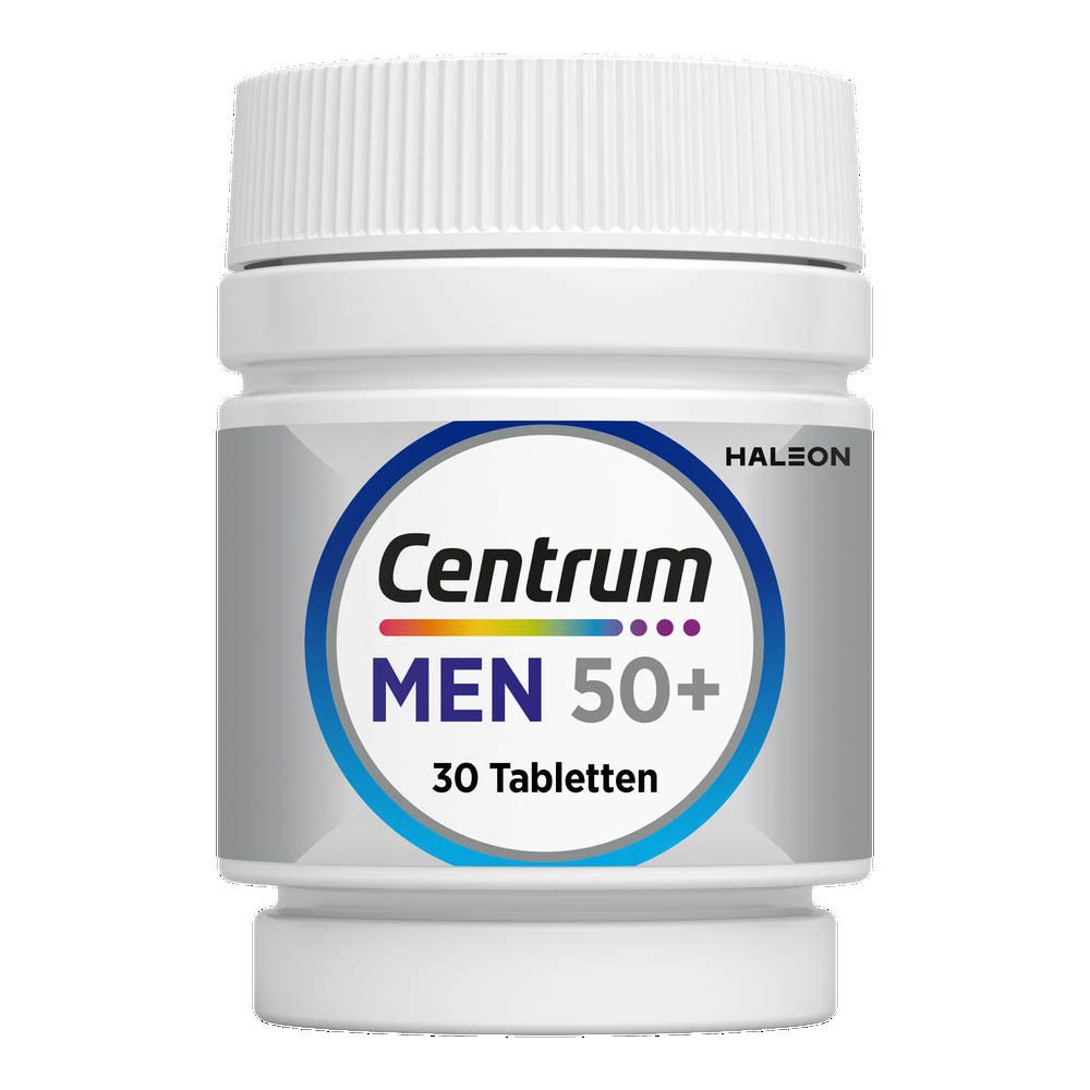 Twee dozen Centrum® Men 50+. Logo, 30 tabletten en symbolen.