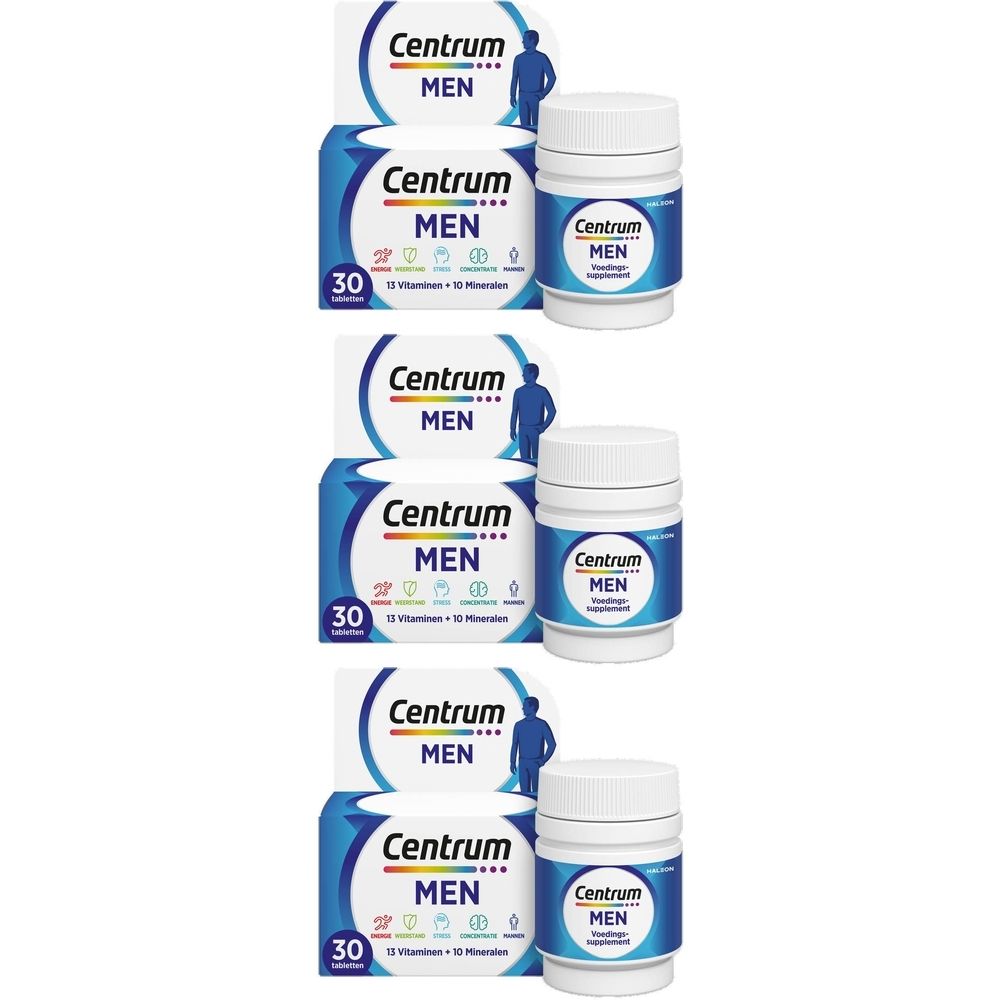 Centrum Men. Verpakking met 30 tabletten en een fles. Blauwe en witte verpakking met logo en productinformatie.