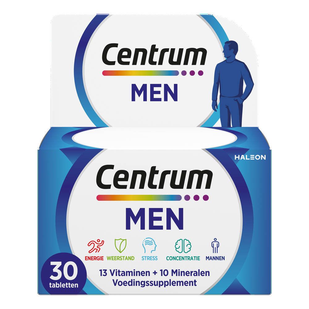 Centrum Men verpakking met 30 tabletten. Logo en afbeelding van een man.