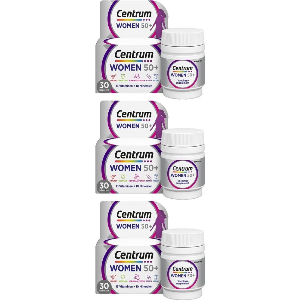Drie witte flessen Centrum Women 50+ met deksel. Opschrift: 13 vitaminen + 10 mineralen.