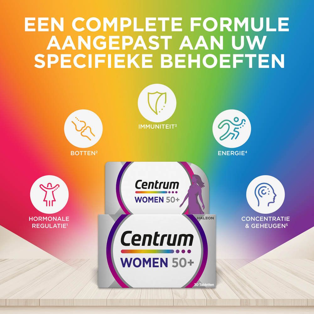 Centrum Women 50+ verpakkingen en flessen. Opschrift: 13 vitaminen + 10 mineralen.