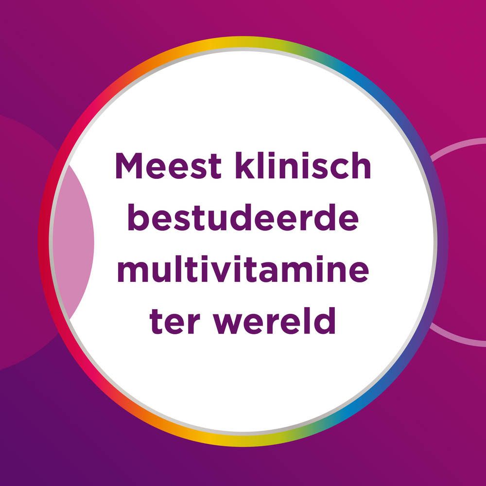 Multivitamine tablet met tekst: 13 vitaminen + 10 mineralen. Ingrediënten: Magnesium, Calcium, Vitamines C, D, B, IJzer.